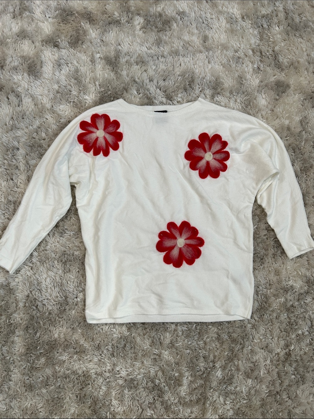 White Top with Red Flower Appliqués